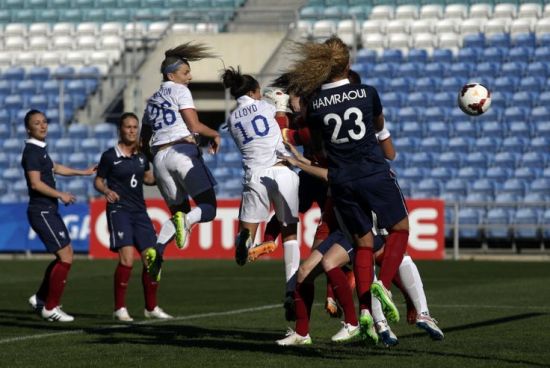 Julie Johnston's first international goal, a header into the net in the seventh minute of the Algarve Cup final against France on March 11, 2015. The United States won 2-0. (Francisco Seco/AP)