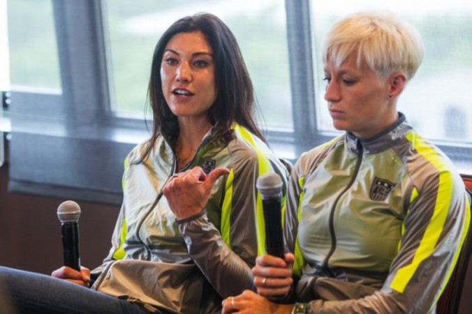 Hope Solo and Megan Rapinoe take questions from young fans in Seattle. (Dean Rutz/The Seattle Times)