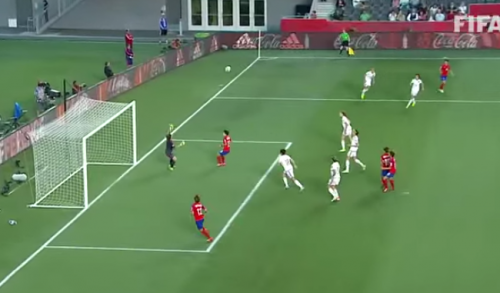 Four Spanish players (in white) in the box leave two advancing South Koreans unmarked as Kim Sooyun delivers the game-winning goal from the right wing. in the 78th minutre on June 17. (YouTube screen grab)